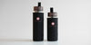 Two fully assembled thermoses, showing the Red Blossom Tea Company logo in red on the black cozys. The one on the left is large, and the one on the right is slightly shorter.