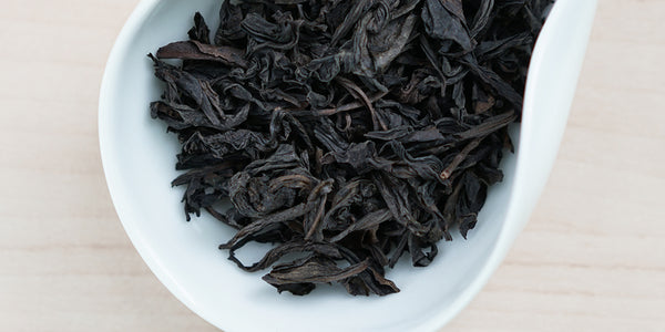 A white dish containing dry Wuyi oolong tea leaves.