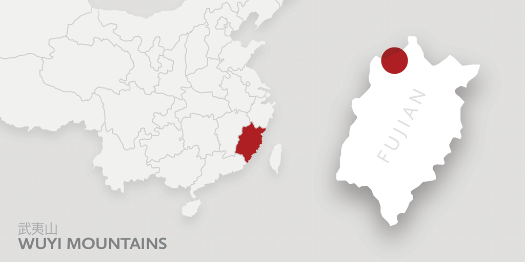 A map of China highlighting Fujian province. There is a red dot on the Wuyi mountains