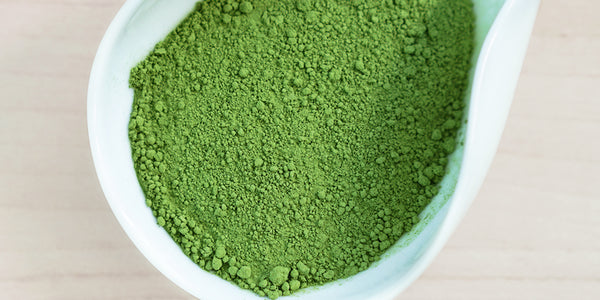 A white dish containing matcha powder.