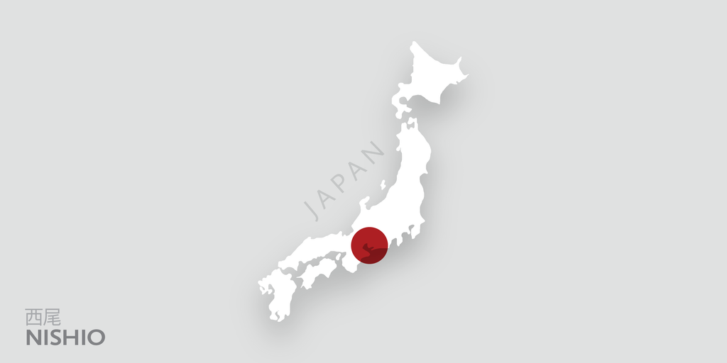 A map of Japan, highlighting Nishio prefecture.