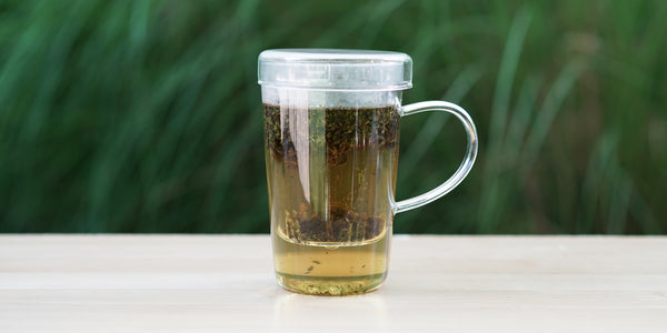 A glass cup with moroccan mint brewing in the nested glass infuser.